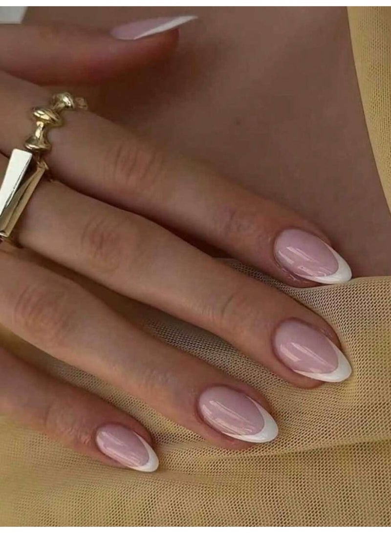 أظافر تركيب فرنسي قصيرة بيضاوية 24 قطعة – لون وردي ناعم مع أطراف بيضاء بتغطية كاملة مع جل ومبرد - Image 1